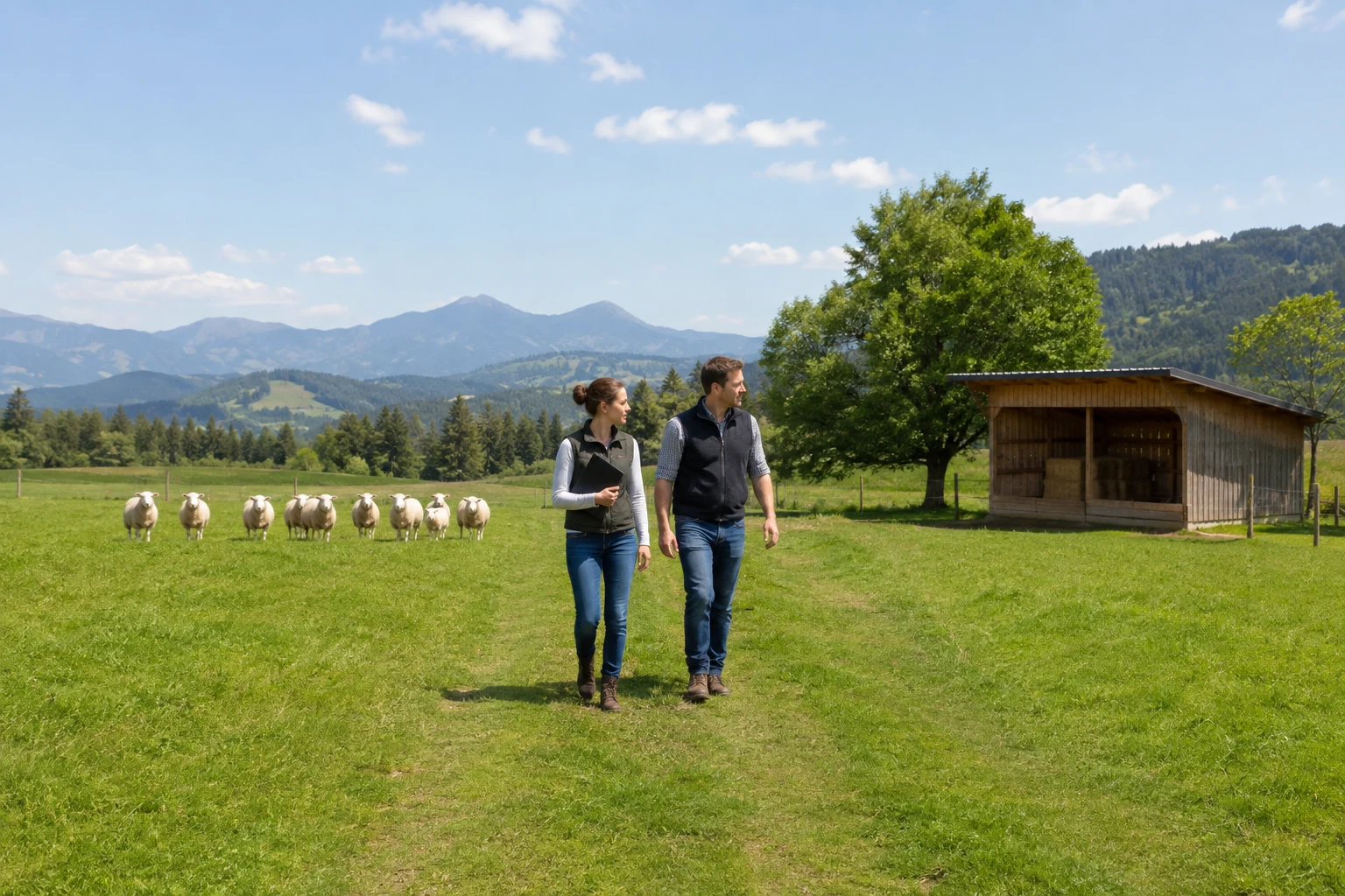 Paar besichtigt Schafweide und Stall in Österreich