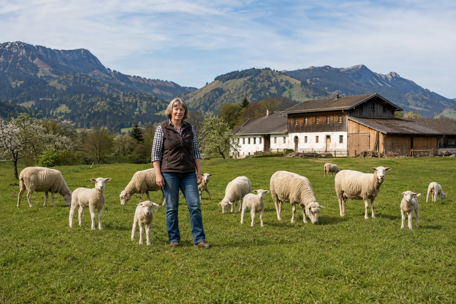 Schafhalterin mit gesunden Schafen vor einem österreichischen Hof